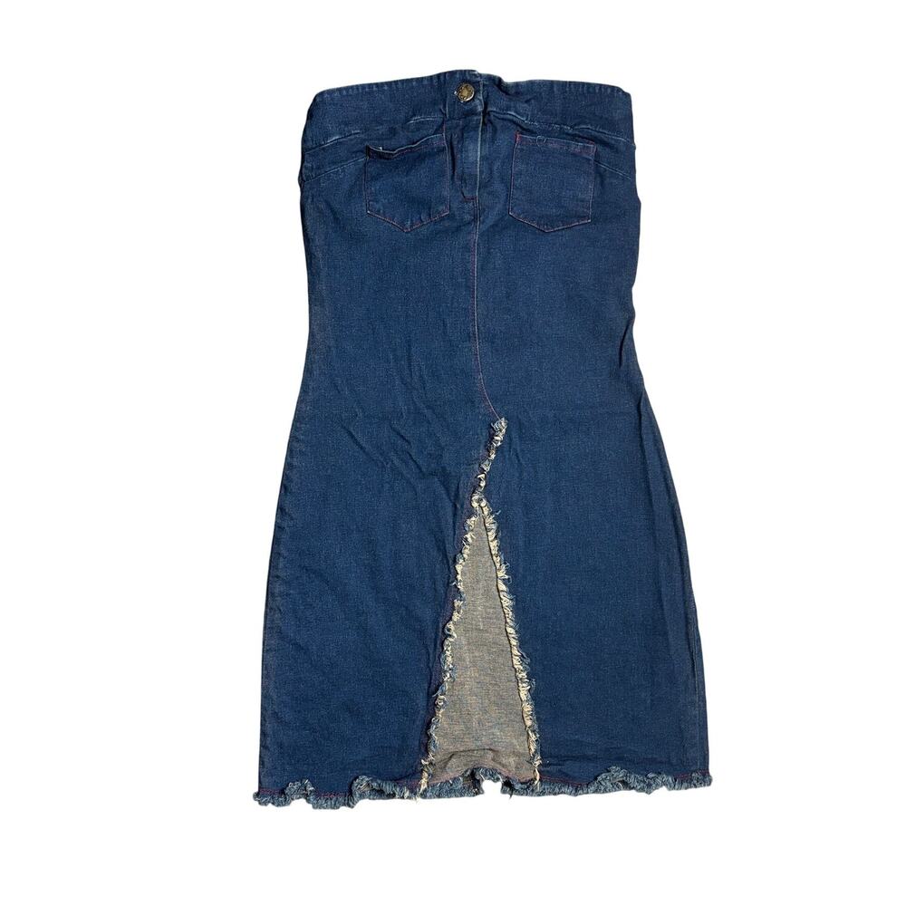 Vintage strapless denim dress red stitch bodycon